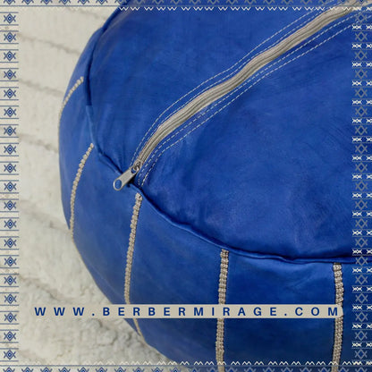 Moroccan Light Blue Leather Round Pouf Ottoman BerberMirage