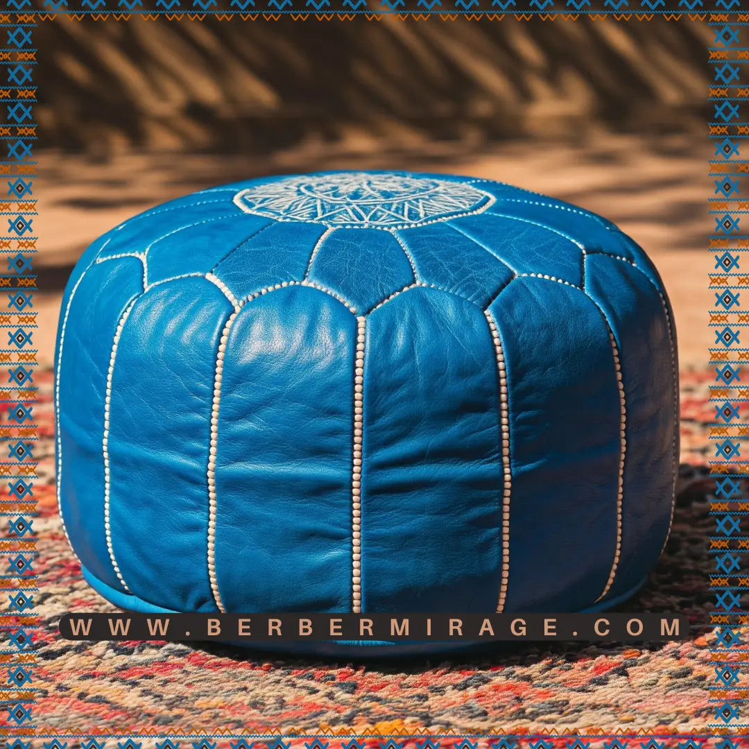 Moroccan Light Blue Leather Round Pouf Ottoman BerberMirage