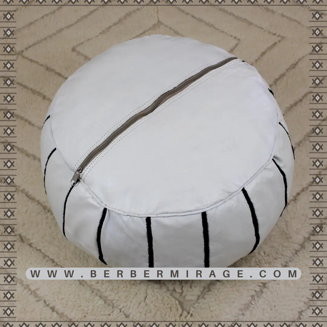 Moroccan White Leather Round Pouf Ottoman BerberMirage