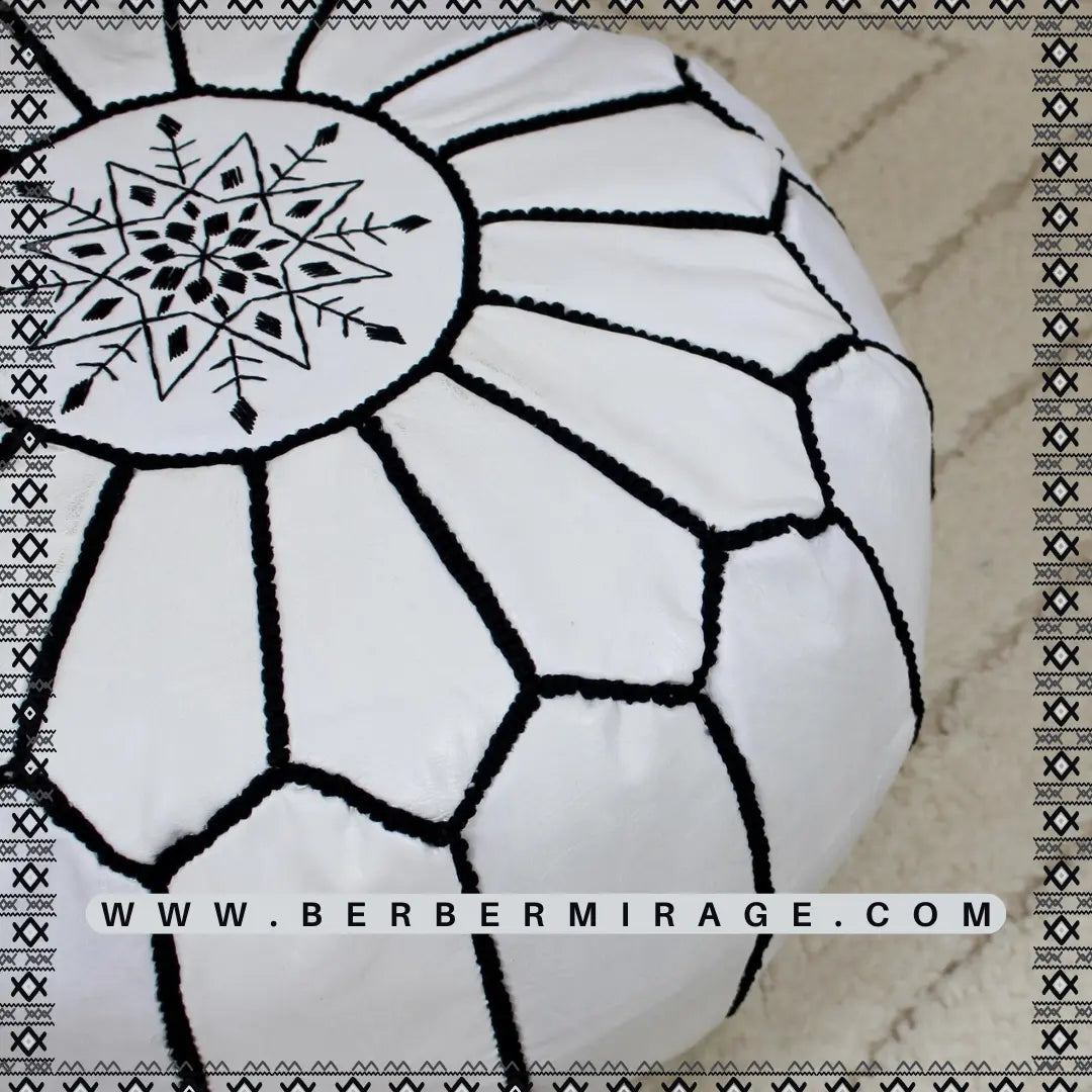 Moroccan White Leather Round Pouf Ottoman BerberMirage