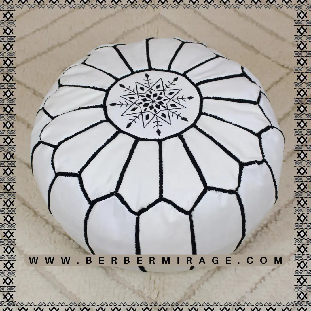 Moroccan White Leather Round Pouf Ottoman BerberMirage