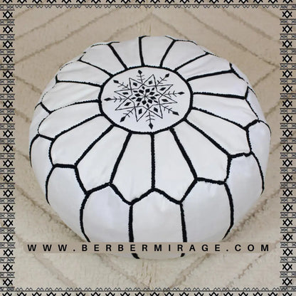 Moroccan White Leather Round Pouf Ottoman BerberMirage