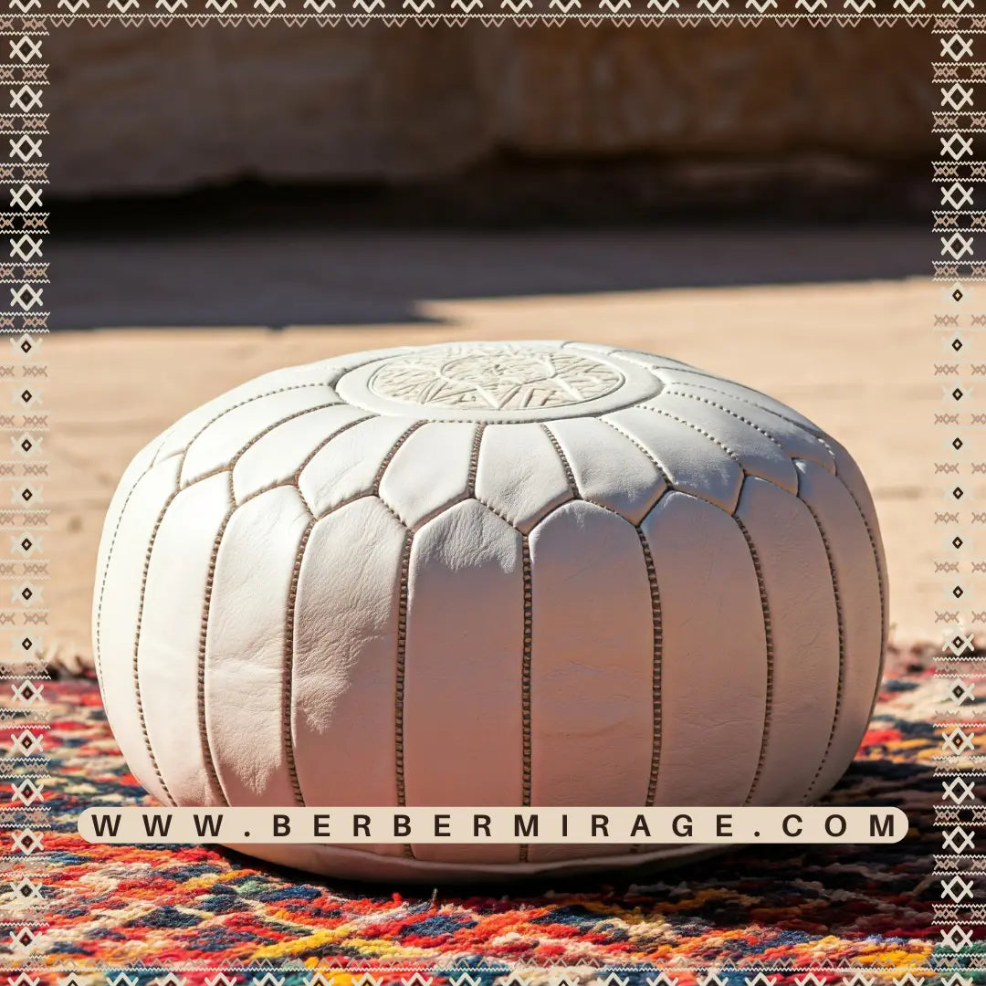 Moroccan White Leather Round Pouf Ottoman BerberMirage