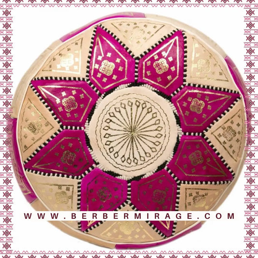 Radiant Star Design-Pink and White Moroccan Leather Pouf BerberMirage