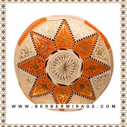 Radiant Star Orange and White Moroccan Leather Pouf BerberMirage