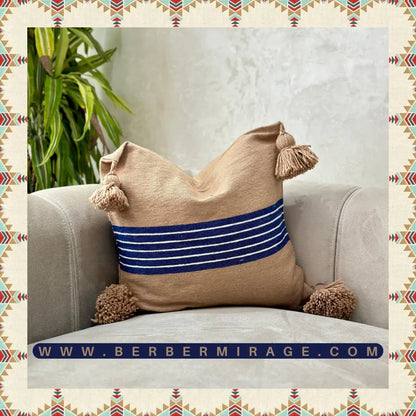 housse de coussin en laine fait main en beige et bleu esprit marin